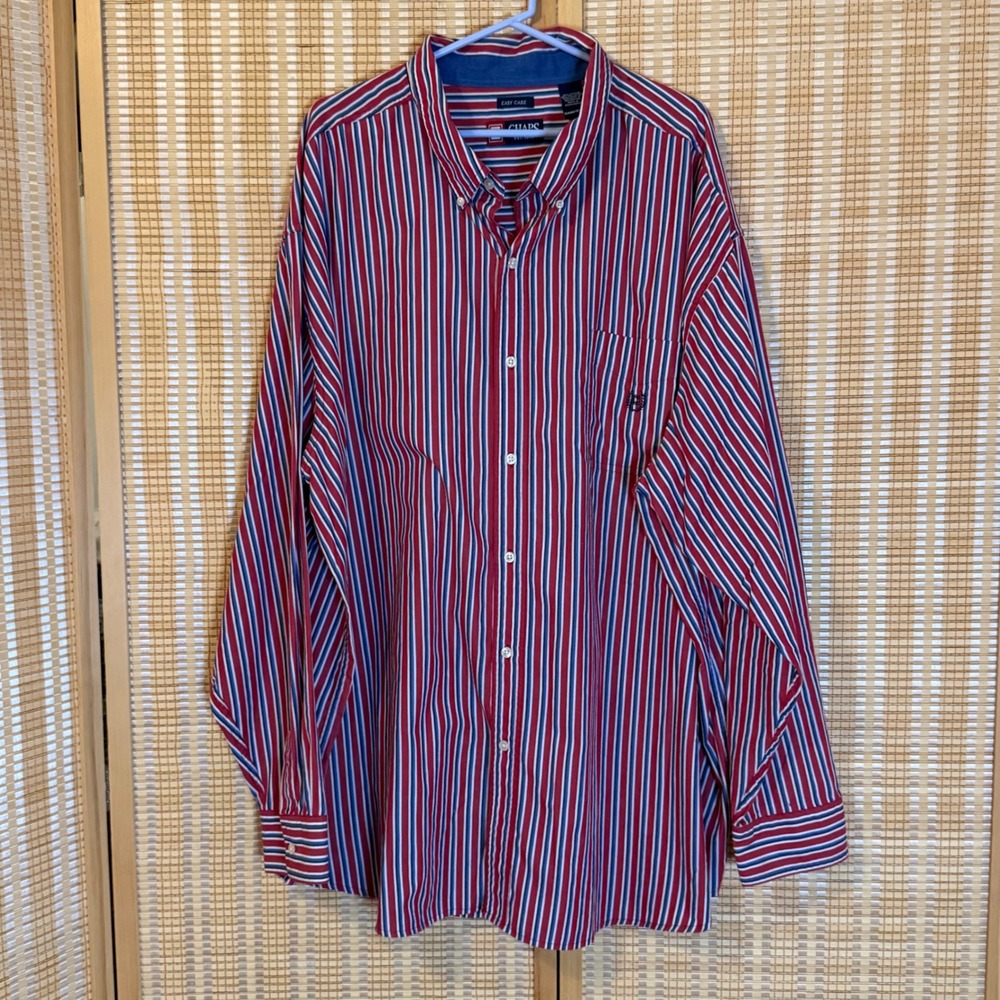 Chaps Mens 5XB 5TF Easy Care Striped Button Down Shirt Red White Blue L/S